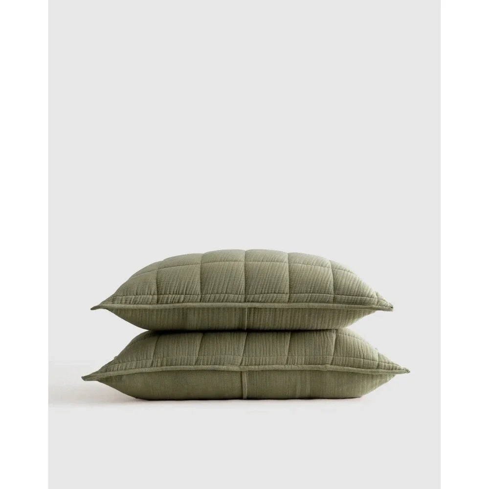 Quince Organic Cotton Gauze Box Quilt Sham Set King Olive Set of 2 $54.90  New